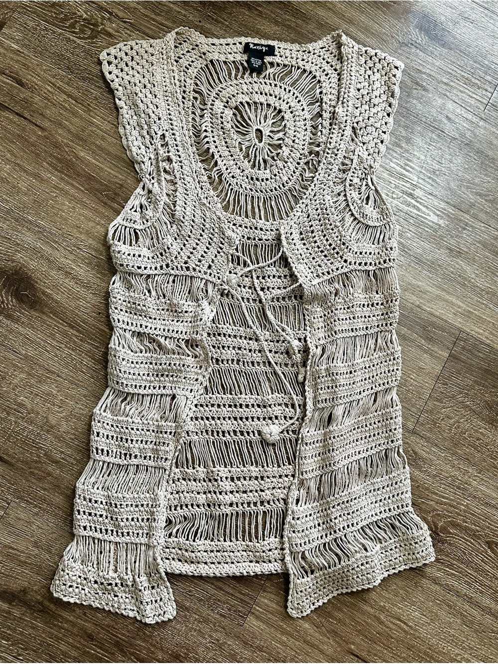 Boho Hippie Vintage  Tie Front Crocheted Vest Duster Cover Up; 100% Cotton; S/M